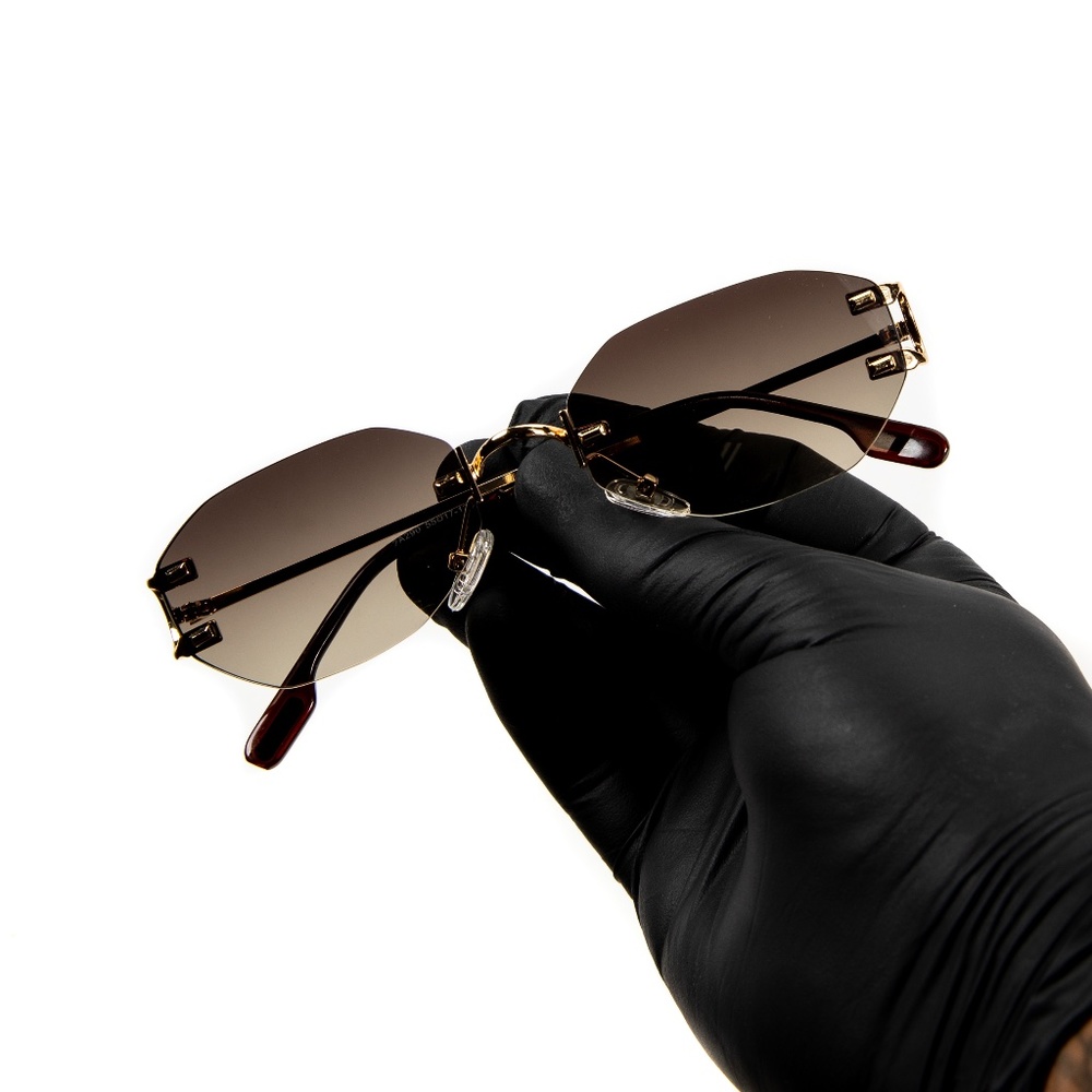 Mens Gold Frame Oval Luxury Brown Tint Rimless Summer Hip Hop Sunglasses